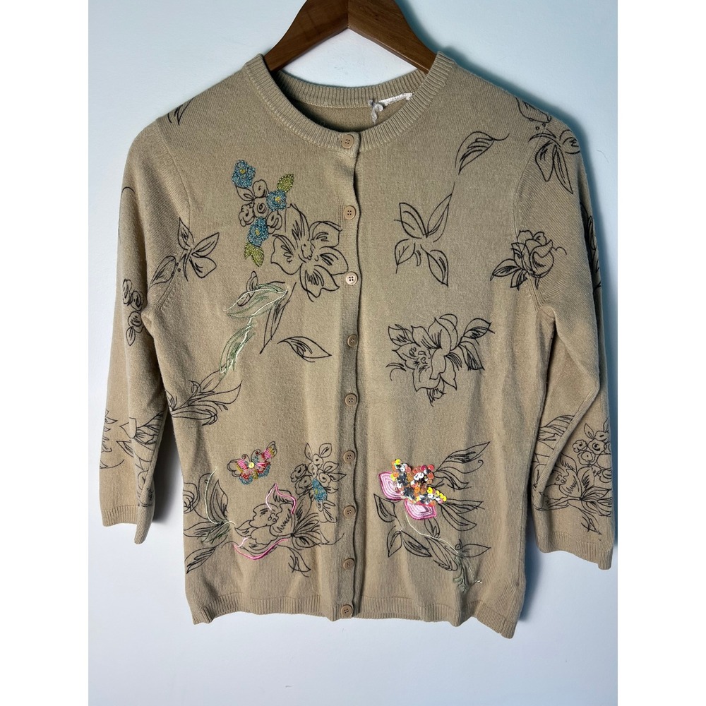 Cardigan Sweater Wm M Tan Floral Sequin Beaded Embroidered Grannycore Cottage